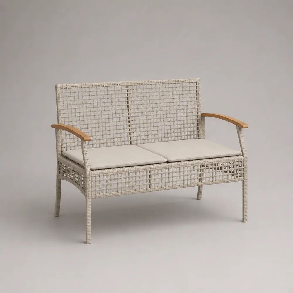 Banc de jardin 2 places en résine tressée et acier avec 2 coussins, blanc cassé, beige et marron clair, 112 x 60 x 85 cm