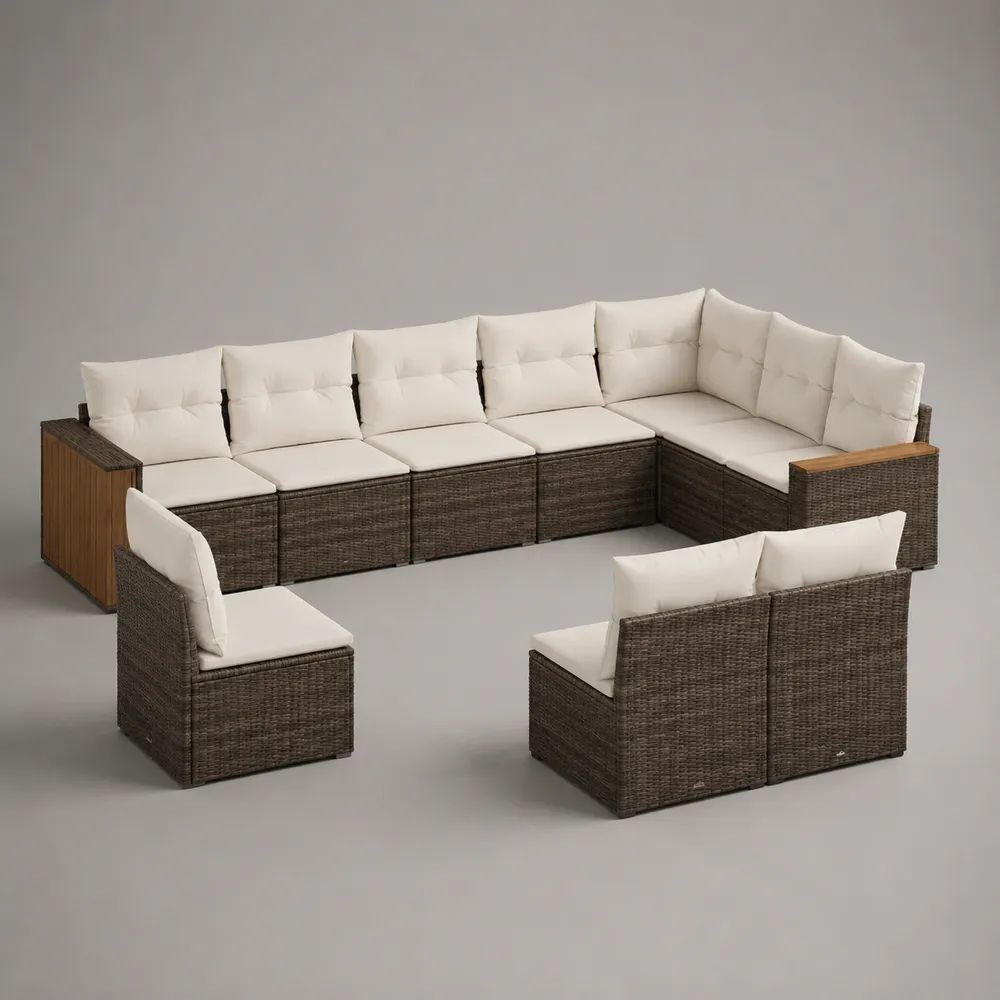 Salon de jardin modulable 9 places en résine tressée brun foncé avec coussins blanc cassé, 318 × 140 × 72 cm