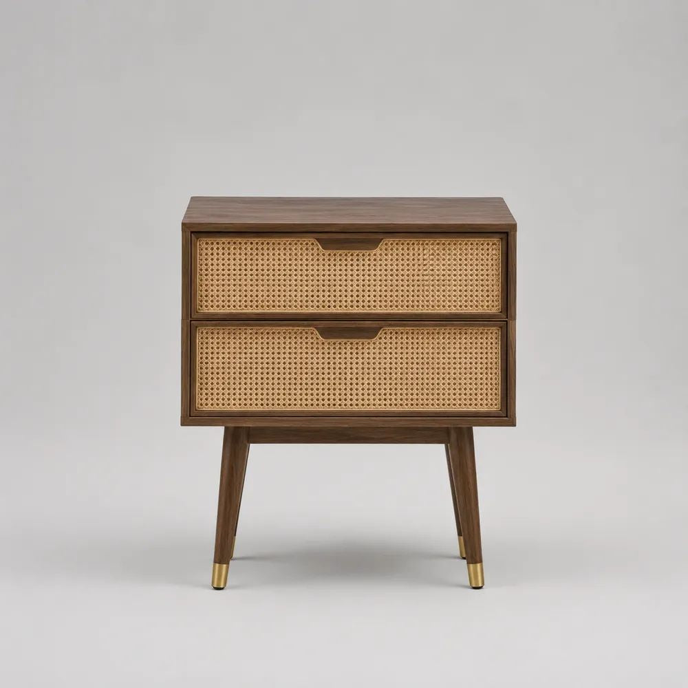 Table de chevet rectangulaire à 2 tiroirs en bois et cannage, marron noyer, naturel et doré, 55 × 40 × 65 cm