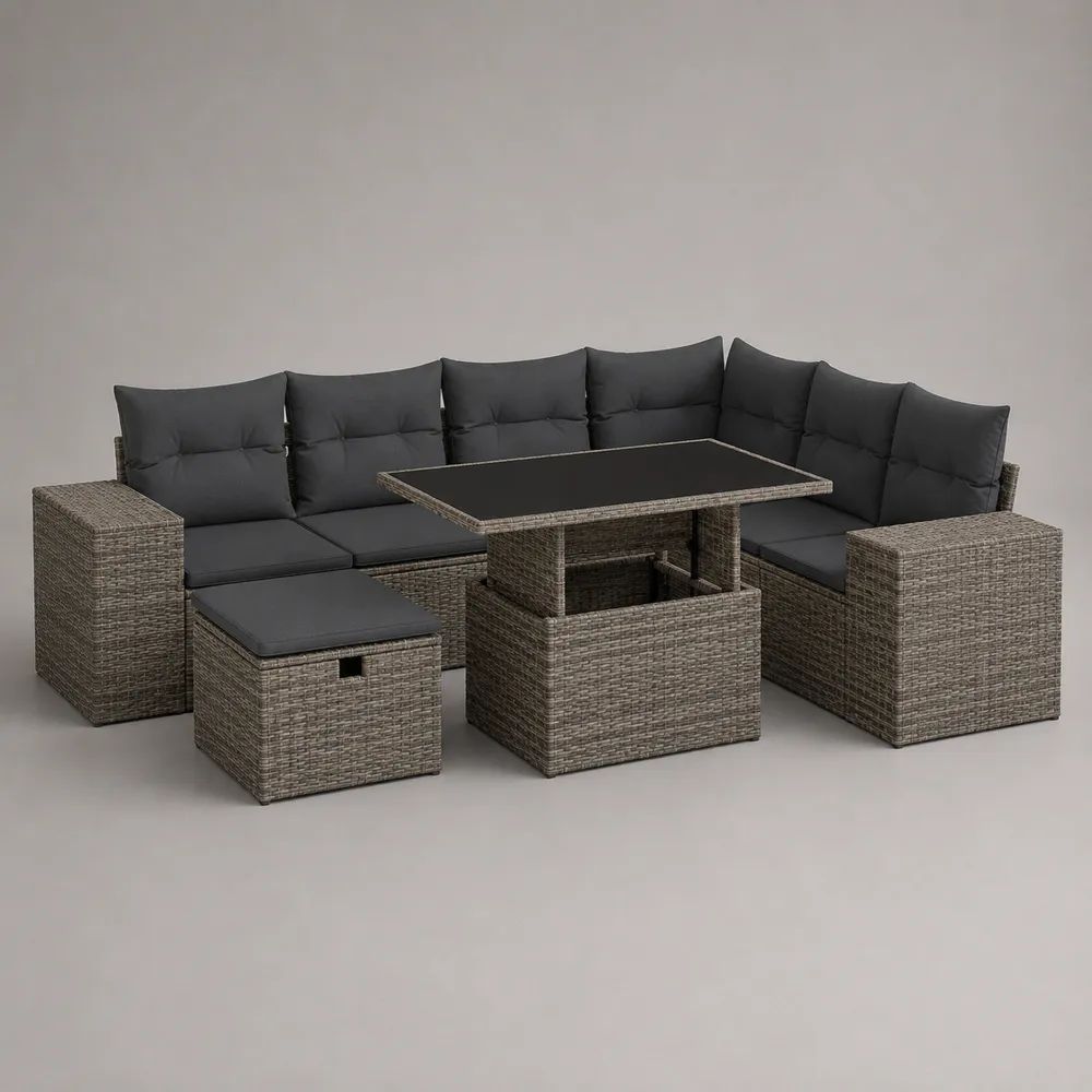 Salon de jardin d'angle 8 places en résine tressée grise avec coussins anthracite, table relevable 140 × 75 × 48–70 cm et canapé 240 × 180 × 74 cm