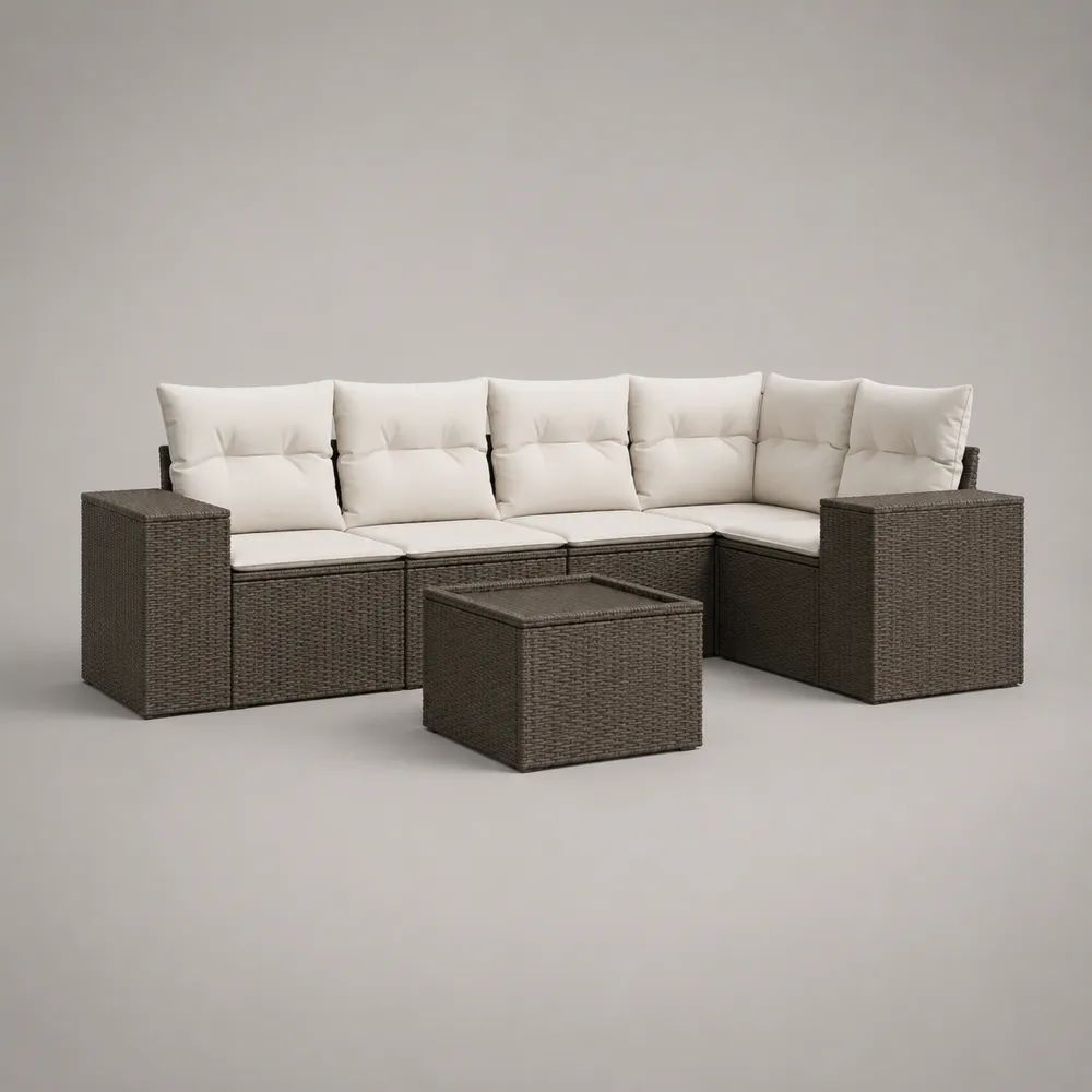 Salon de jardin d'angle 5 places en résine tressée PE brun foncé avec coussins écrus, canapé 260 × 200 × 78 cm et table basse 70 × 70 × 40 cm
