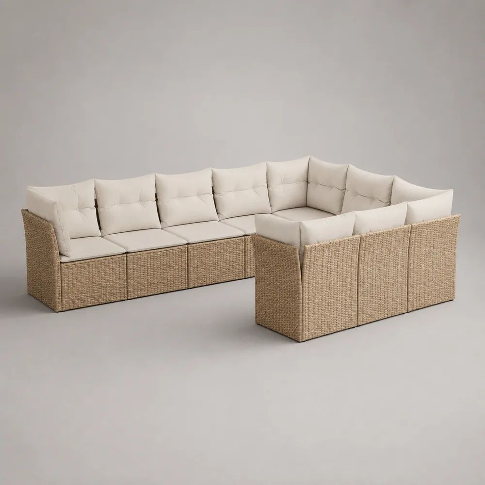 Salon de jardin modulable en U 8 places en résine tressée beige avec coussins crème, 320 × 220 × 75 cm