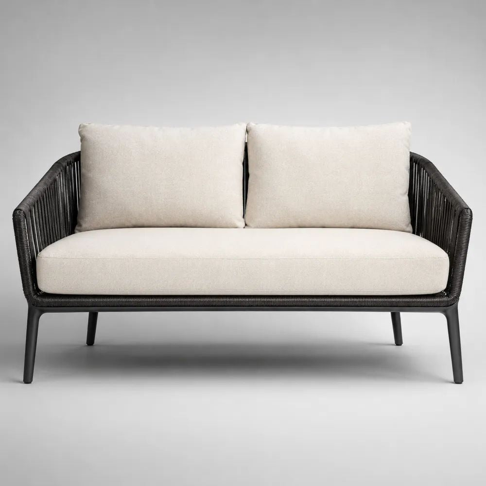 Canapé de jardin 2 places en aluminium et corde PE noire avec coussins écrus, 140 x 75 x 78 cm