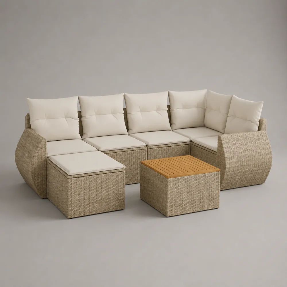 Salon de jardin modulable 8 pièces, canapé d'angle en résine tressée beige, coussins crème et table carrée, 272 × 190 × 74 cm
