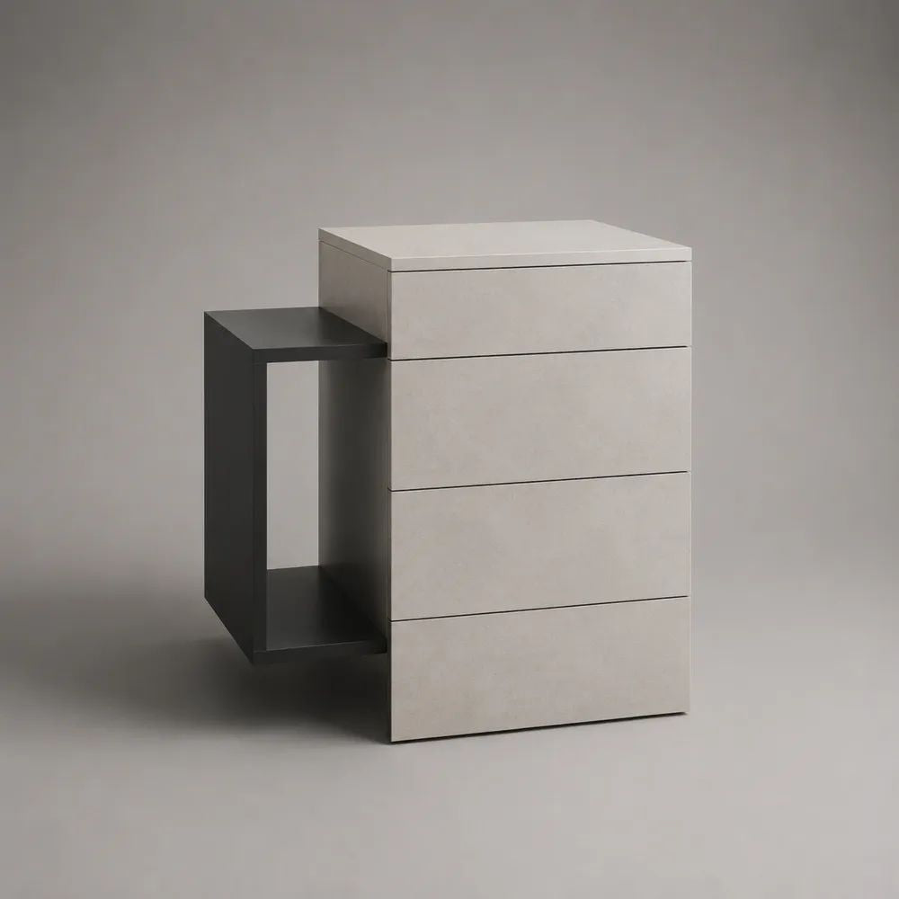 Table de chevet rectangulaire en MDF mélaminé avec 4 tiroirs et niche latérale, gris clair et anthracite, 65 × 40 × 60 cm