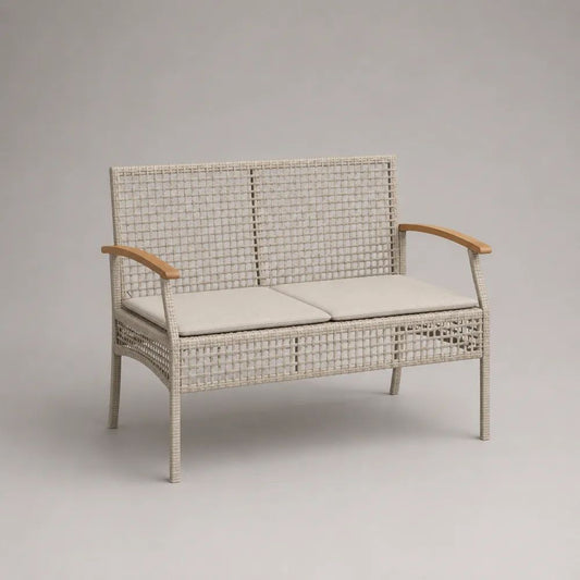 Banc de jardin 2 places en résine tressée et acier avec 2 coussins, blanc cassé, beige et marron clair, 112 x 60 x 85 cm