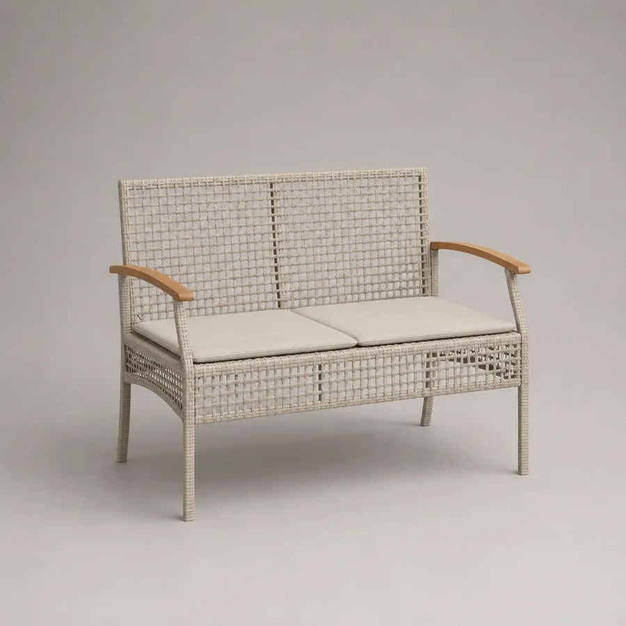 Banc de jardin 2 places en résine tressée et acier avec 2 coussins, blanc cassé, beige et marron clair, 112 x 60 x 85 cm
