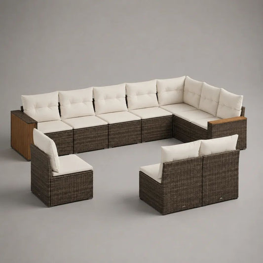 Salon de jardin modulable 9 places en résine tressée brun foncé avec coussins blanc cassé, 318 × 140 × 72 cm
