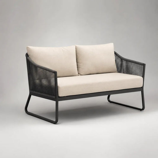 Canapé de jardin 2 places en acier et corde polyester noir avec coussins beige clair, 132 x 76 x 79 cm