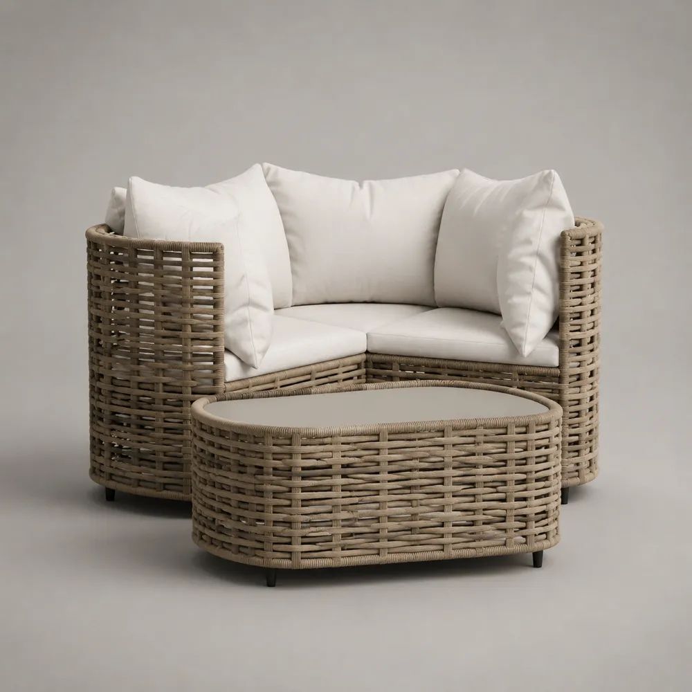 Salon de jardin 2 pièces en résine tressée beige taupe et écru, canapé 2 places 150 × 82 × 78 cm et table basse ovale 105 × 60 × 43 cm
