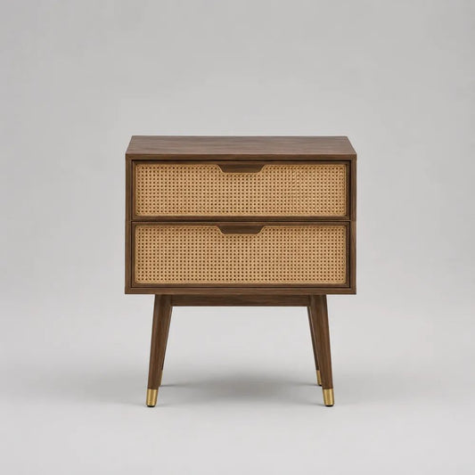 Table de chevet rectangulaire à 2 tiroirs en bois et cannage, marron noyer, naturel et doré, 55 × 40 × 65 cm