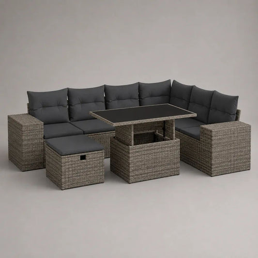 Salon de jardin d'angle 8 places en résine tressée grise avec coussins anthracite, table relevable 140 × 75 × 48–70 cm et canapé 240 × 180 × 74 cm