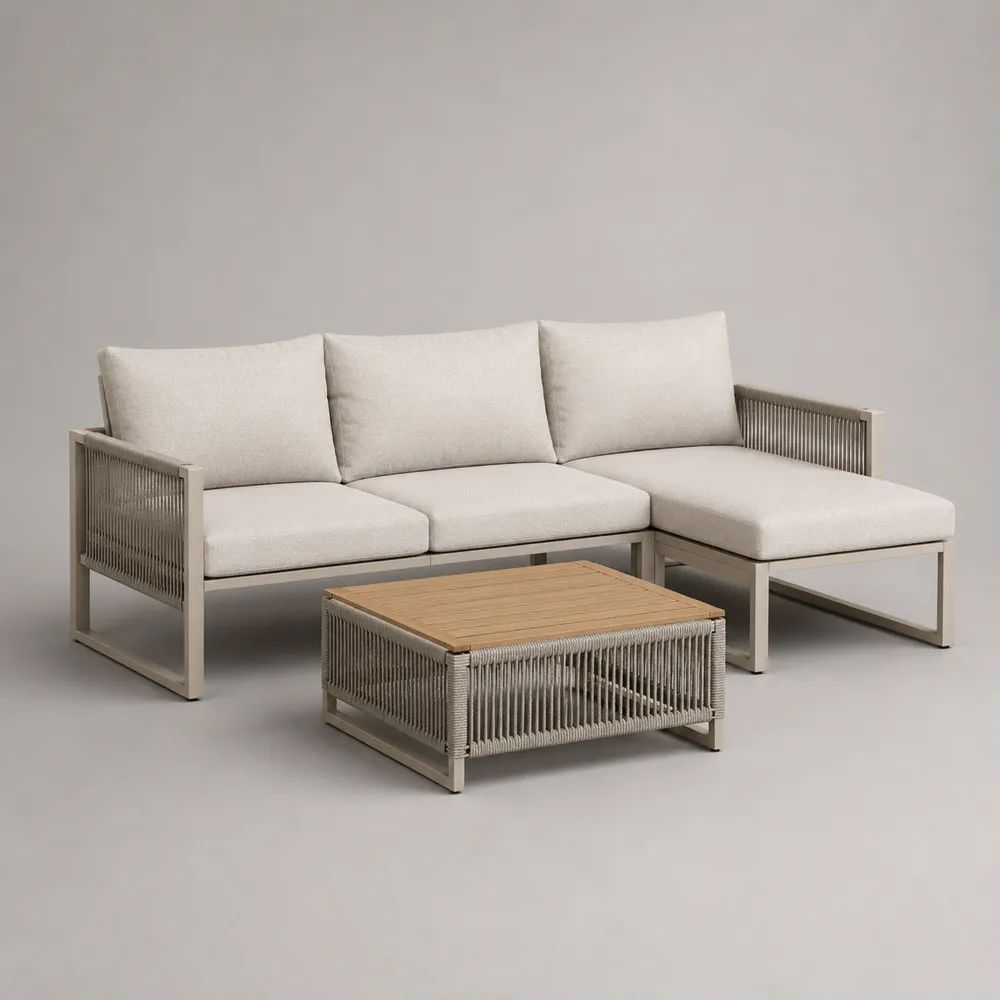 Salon de jardin extérieur 2 pièces beige, grège et brun clair, canapé d'angle 3 places avec méridienne droite 236 × 145 × 78 cm et table basse 90 × 60 × 38 cm en aluminium, corde, tissu et bois