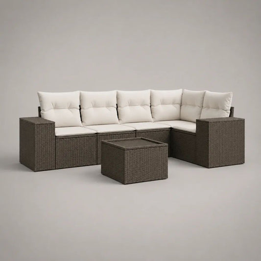 Salon de jardin d'angle 5 places en résine tressée PE brun foncé avec coussins écrus, canapé 260 × 200 × 78 cm et table basse 70 × 70 × 40 cm