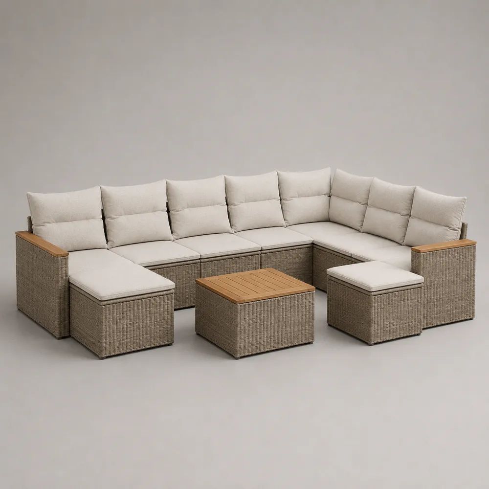 Salon de jardin modulable en U 8 pièces, 7 places, en résine tressée et métal taupe avec coussins beiges et table basse, 320 × 220 × 74 cm