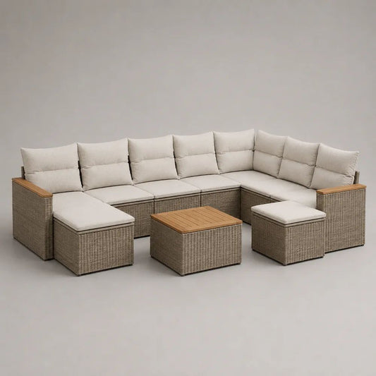Salon de jardin modulable en U 8 pièces, 7 places, en résine tressée et métal taupe avec coussins beiges et table basse, 320 × 220 × 74 cm