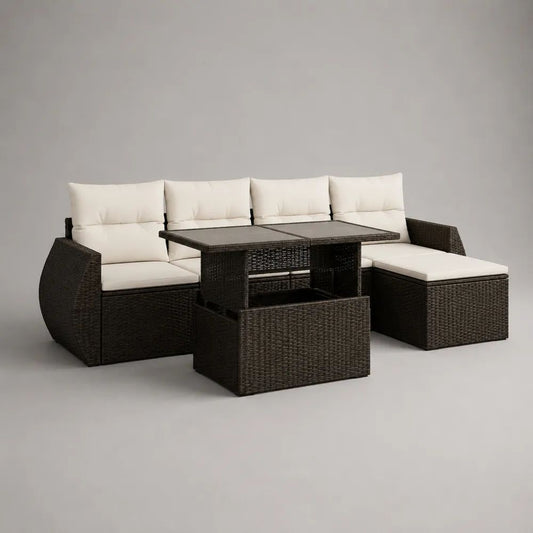 Salon de jardin extérieur 6 places, ensemble 4 pièces en résine tressée et métal avec coussins crème et table en verre, 230 × 170 × 75 cm