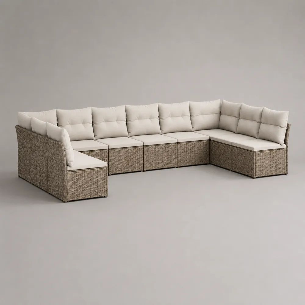 Canapé de jardin modulable 7 places en résine tressée PE et acier, forme en U, taupe et écru, 350 × 140 × 70 cm