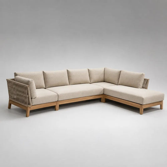 Canapé d'angle de jardin 5 places en bois massif et corde avec méridienne droite, beige, 280 × 220 × 75 cm