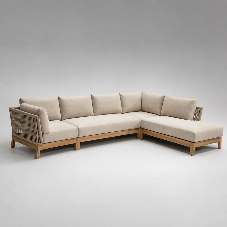 Canapé d'angle de jardin 5 places en bois massif et corde avec méridienne droite, beige, 280 × 220 × 75 cm