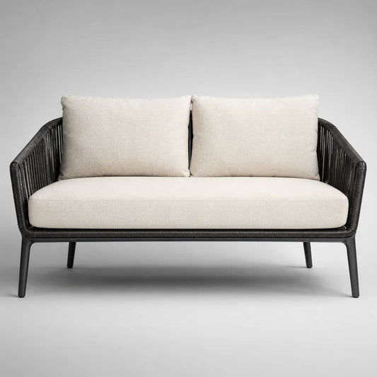 Canapé de jardin 2 places en aluminium et corde PE noire avec coussins écrus, 140 x 75 x 78 cm