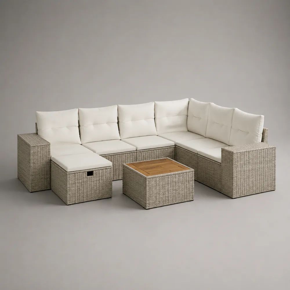 Salon de jardin modulable 6 places en résine tressée taupe avec coussins blanc cassé et table carrée, 275 x 210 x 74 cm
