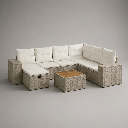 Salon de jardin modulable 6 places en résine tressée taupe avec coussins blanc cassé et table carrée, 275 x 210 x 74 cm
