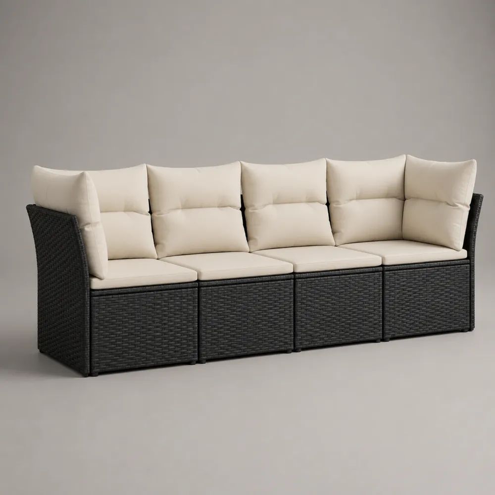 Ensemble canapé de jardin modulable 4 places en résine tressée noire avec coussins écrus, 244 × 70 × 78 cm