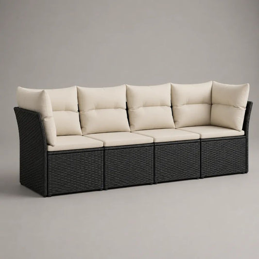 Ensemble canapé de jardin modulable 4 places en résine tressée noire avec coussins écrus, 244 × 70 × 78 cm