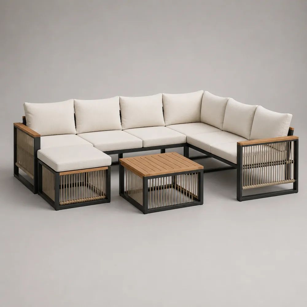Salon de jardin extérieur 3 pièces avec canapé d'angle 5 places en acier, bois et corde tressée, coussins en tissu beige, pouf et table basse, 280 x 220 x 78 cm