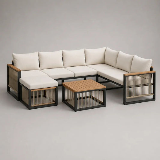 Salon de jardin extérieur 3 pièces avec canapé d'angle 5 places en acier, bois et corde tressée, coussins en tissu beige, pouf et table basse, 280 x 220 x 78 cm