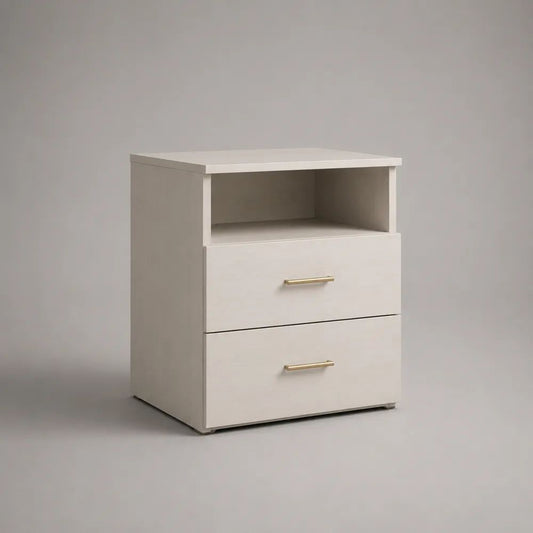Table de chevet rectangulaire en panneaux de particules mélaminés, 2 tiroirs et niche ouverte, blanc et doré, 45 × 35 × 55 cm