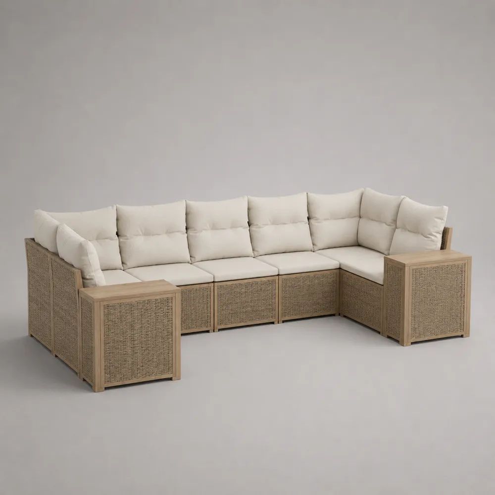 Canapé d'angle de jardin modulable 6 places en rotin PE et bois d'acacia massif beige avec coussins écrus, 325 × 200 × 78 cm