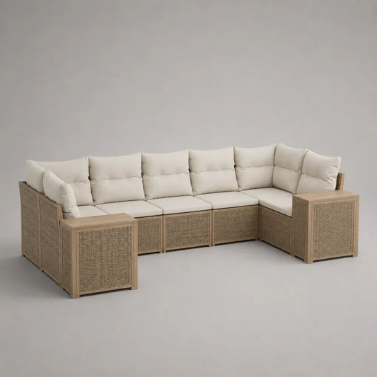 Canapé d'angle de jardin modulable 6 places en rotin PE et bois d'acacia massif beige avec coussins écrus, 325 × 200 × 78 cm