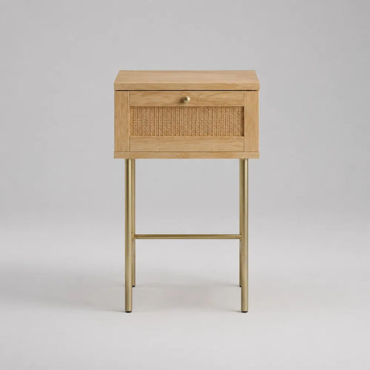 Table de chevet haute rectangulaire en bois, rotin naturel et métal, 1 tiroir, chêne clair et doré, 45 x 35 x 75 cm