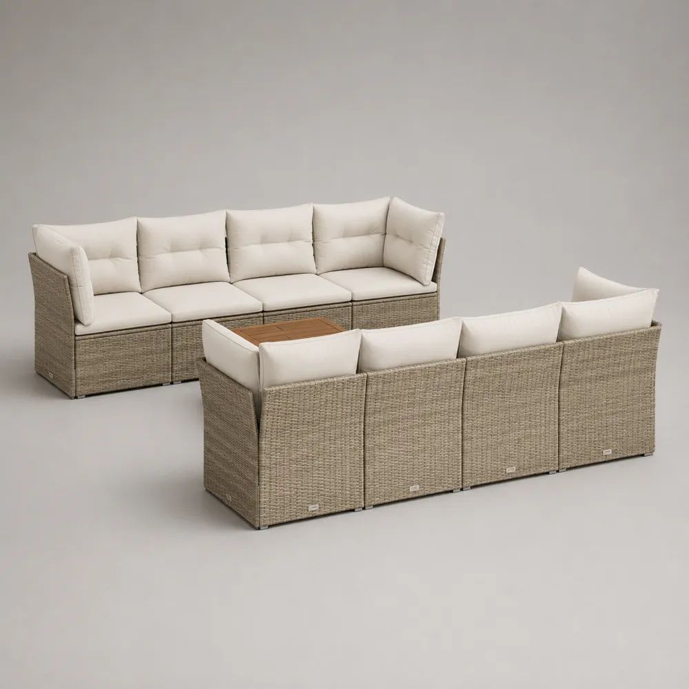 Salon de jardin extérieur 9 pièces 8 places en résine tressée beige taupe avec coussins crème et table en bois – Canapés 258 x 68 x 64 cm, table 65 x 65 x 32 cm