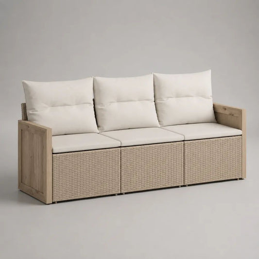 Canapé de jardin extérieur 3 places en bois massif et résine tressée avec 6 coussins, beige et naturel, 190 × 75 × 80 cm