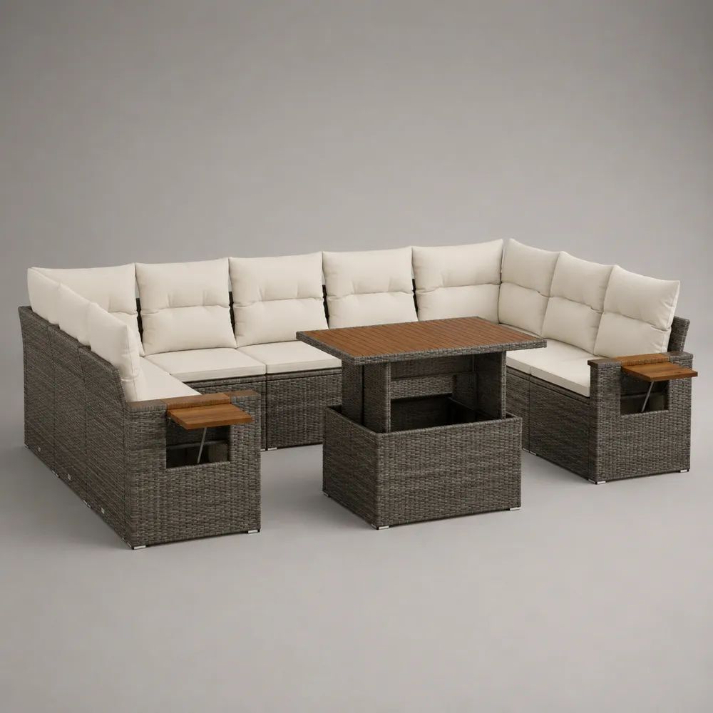 Salon de jardin extérieur 2 pièces avec canapé d'angle en U 8 places et table relevable en polyéthylène tressé gris, coussins crème, 278 × 204 × 86 cm