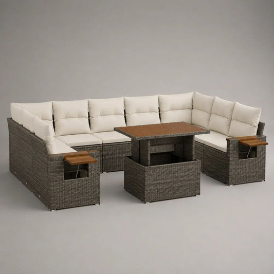 Salon de jardin extérieur 2 pièces avec canapé d'angle en U 8 places et table relevable en polyéthylène tressé gris, coussins crème, 278 × 204 × 86 cm