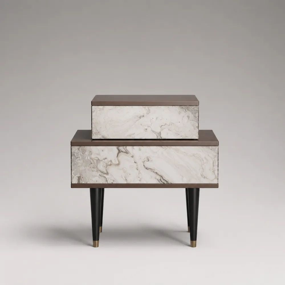 Table de chevet rectangulaire à 2 tiroirs en bois effet marbre blanc, taupe, noir et doré, 60 × 40 × 65 cm