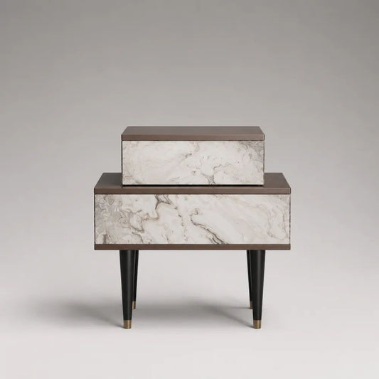 Table de chevet rectangulaire à 2 tiroirs en bois effet marbre blanc, taupe, noir et doré, 60 × 40 × 65 cm