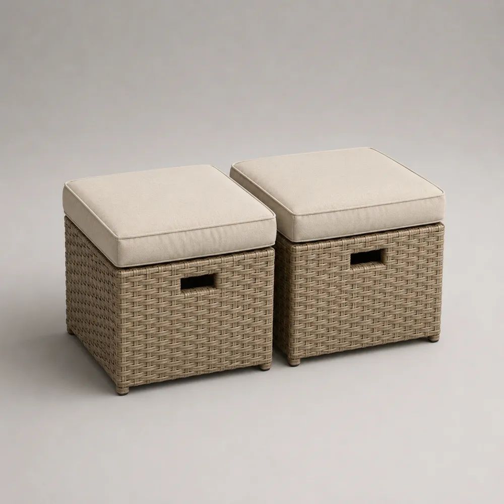 Lot de 2 poufs de jardin carrés avec rangement en résine tressée beige et coussins crème, 45 × 45 × 50 cm