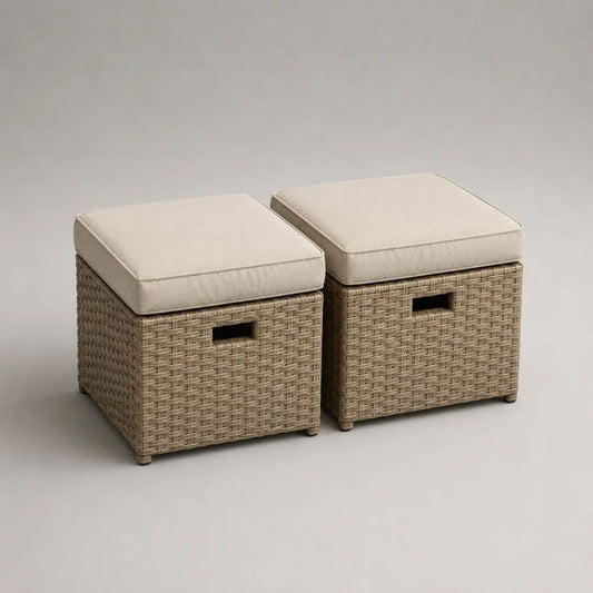 Lot de 2 poufs de jardin carrés avec rangement en résine tressée beige et coussins crème, 45 × 45 × 50 cm