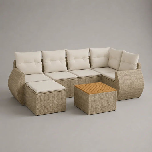 Salon de jardin modulable 8 pièces, canapé d'angle en résine tressée beige, coussins crème et table carrée, 272 × 190 × 74 cm