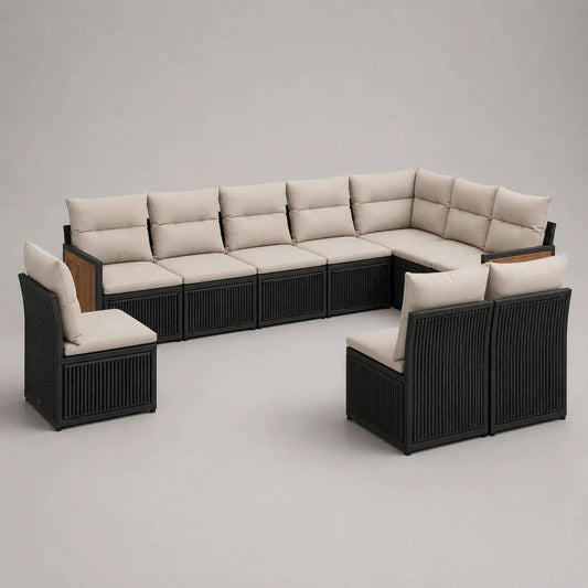 Salon de jardin modulable en U 9 places en résine tressée, acier et bois avec coussins beige – Noir/Beige/Marron – 365 × 219 × 74 cm