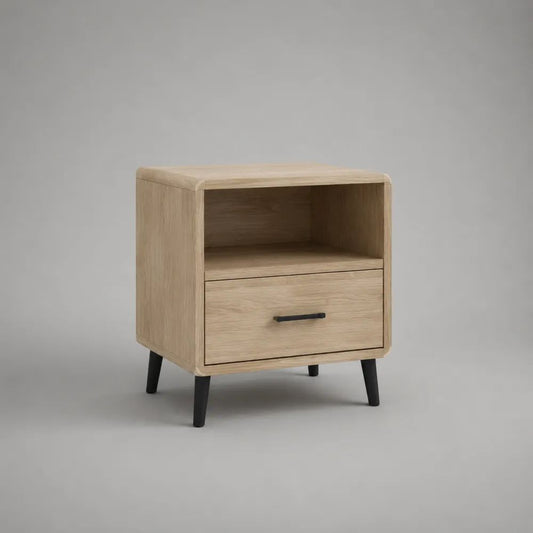 Table de chevet rectangulaire en bois et métal, chêne clair et noir, avec 1 tiroir et 1 niche ouverte, 45 × 40 × 55 cm