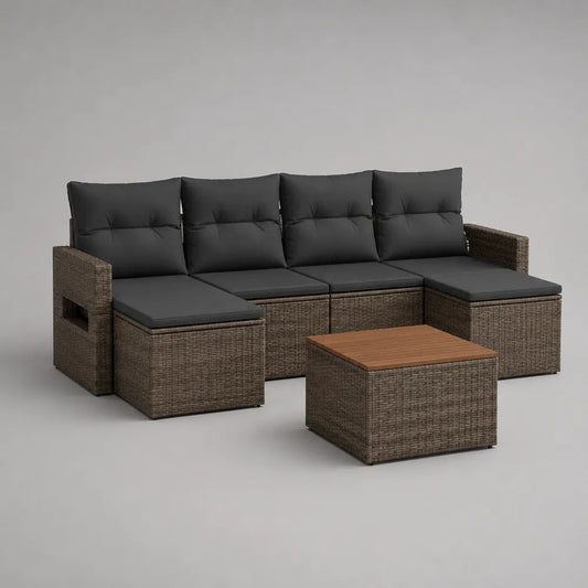 Salon de jardin modulable 7 pièces en résine tressée, canapé 4 places, 2 poufs et table basse, 238 x 130 x 88 cm, marron et anthracite