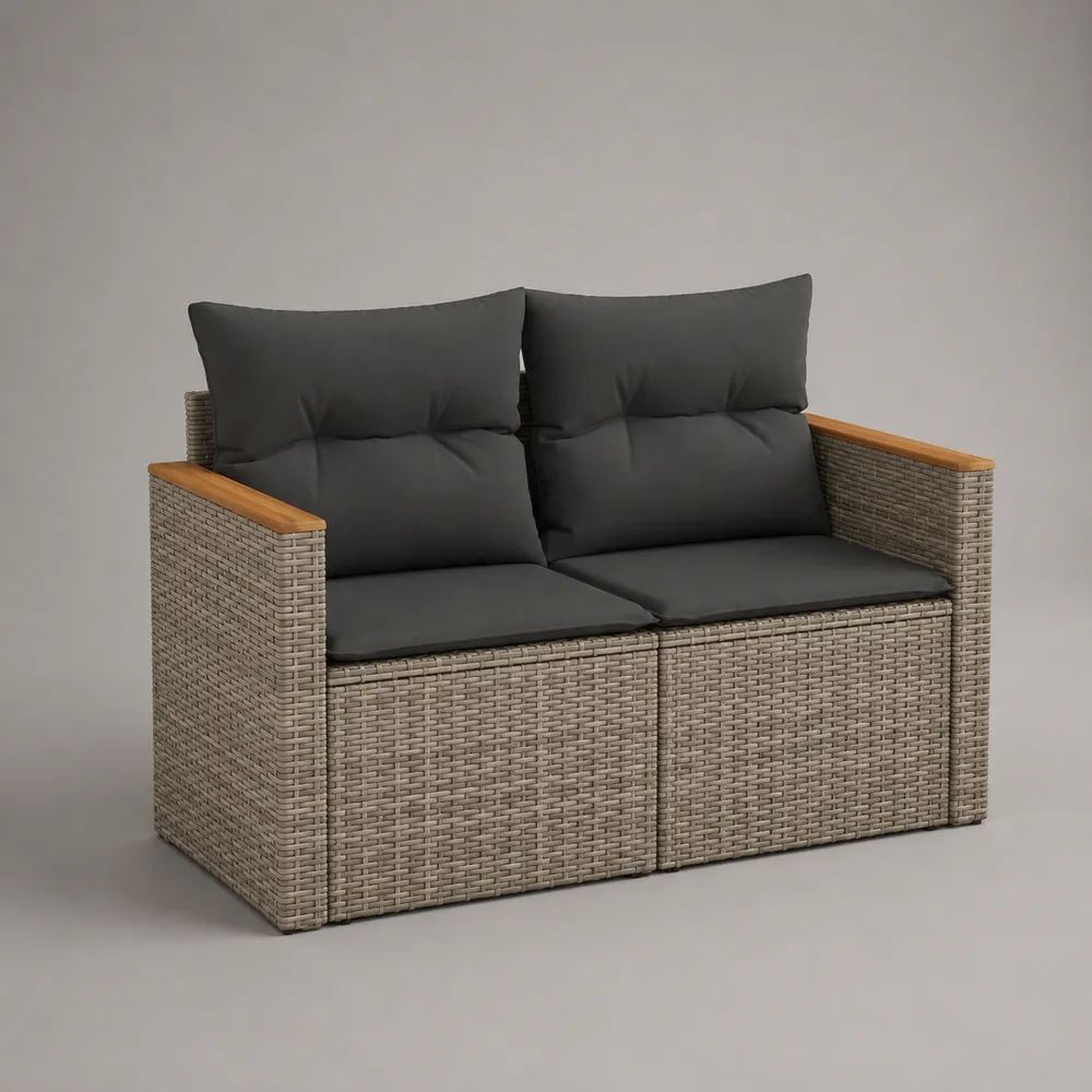 Canapé de jardin 2 places en résine tressée PE et acier avec coussins anthracite, 124 x 62 x 85 cm