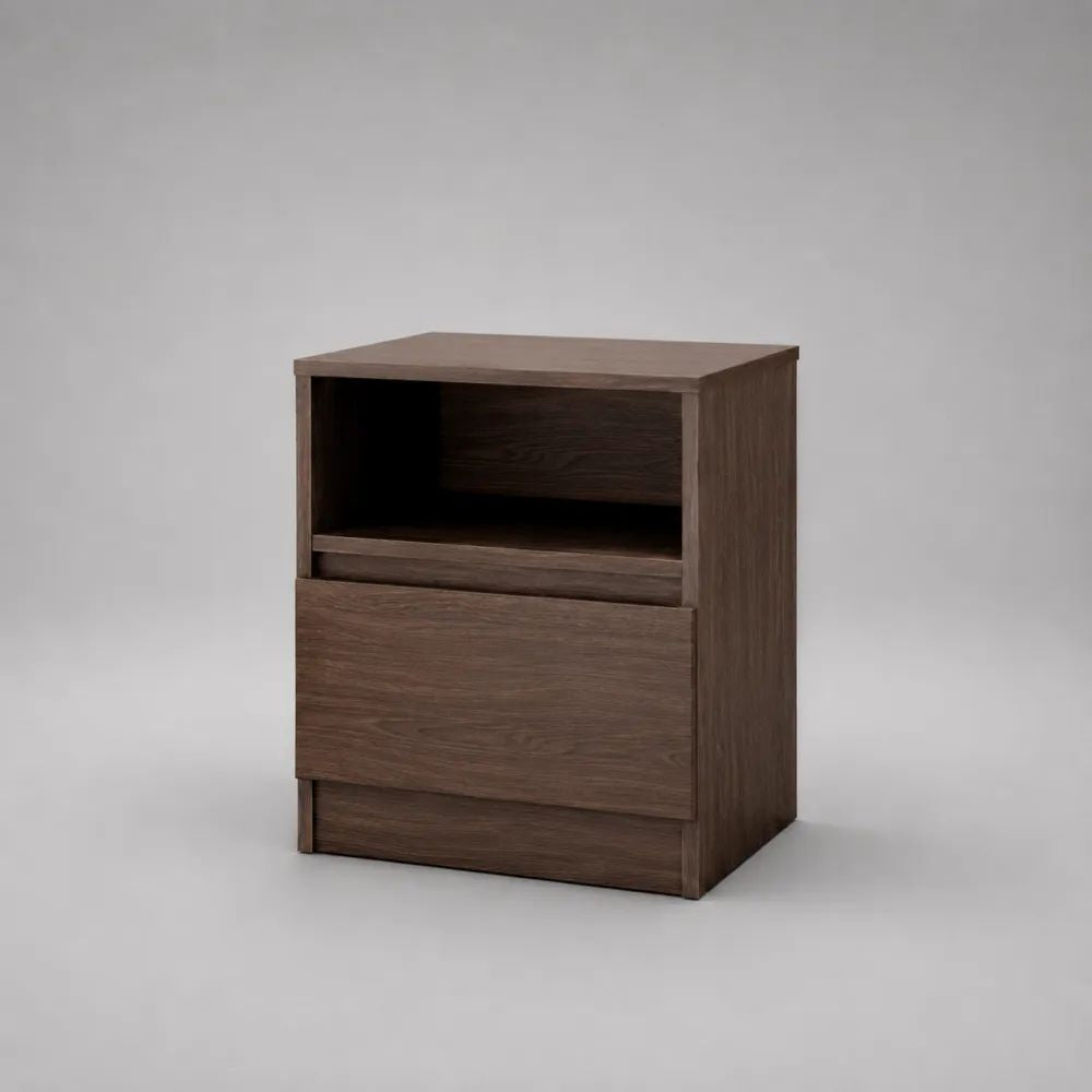 Table de chevet rectangulaire en panneaux de particules mélaminés avec tiroir et niche ouverte, brun noyer, 45 × 40 × 55 cm