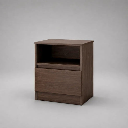 Table de chevet rectangulaire en panneaux de particules mélaminés avec tiroir et niche ouverte, brun noyer, 45 × 40 × 55 cm